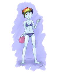 Size: 1404x1697 | Tagged: safe, artist:nyankath, derpibooru import, rainbow dash, equestria girls, ball, belly button, bikini, clothes, female, looking at you, signature, simple background, solo, swimsuit