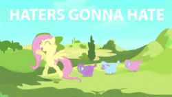 Size: 440x248 | Tagged: safe, edit, edited screencap, screencap, fluttershy, pegasus, pony, sheep, the crystal empire, spoiler:s03, animated, bipedal, ewe, eyes closed, haters gonna hate, prancing, skipping, the ballad of the crystal empire, tiny ewes