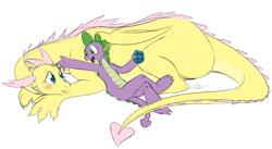 Size: 1132x619 | Tagged: dead source, safe, artist:cartoonlion, fluttershy, spike, dragon, dragonified, duo, flutterdragon, prone, simple background, species swap, transformation, white background