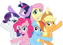 Size: 4581x3288 | Tagged: safe, artist:sketchmcreations, derpibooru import, applejack, fluttershy, pinkie pie, rainbow dash, rarity, twilight sparkle, twilight sparkle (alicorn), alicorn, earth pony, pegasus, pony, unicorn, all bottled up, absurd resolution, best friends until the end of time, looking at you, mane six, raised hoof, simple background, smiling, transparent background, vector