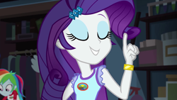 Size: 1280x720 | Tagged: safe, derpibooru import, screencap, rainbow dash, rarity, equestria girls, legend of everfree, bracelet, camp everfree logo, camp everfree outfits, eyes closed, indoors