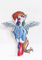 Size: 1191x1684 | Tagged: safe, artist:unousaya, rainbow dash, pegasus, pony, bipedal, bottomless, clothes, featureless crotch, floppy ears, pixiv, traditional art