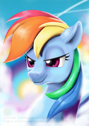 Size: 868x1228 | Tagged: safe, artist:reillyington86, derpibooru import, rainbow dash, pegasus, pony, bust, portrait, sky, solo