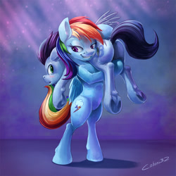 Size: 900x900 | Tagged: safe, artist:caboni32, edit, rainbow dash, soarin', pegasus, pony, bipedal, blushing, carrying, female, fireman carry, male, mare, sfw edit, shipping, smiling, soarindash, stallion, standing, straight, tail seduce, underhoof