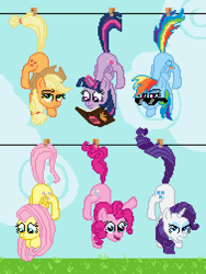 Size: 2400x3200 | Tagged: safe, artist:starkcontrast, derpibooru import, applejack, fluttershy, pinkie pie, rainbow dash, rarity, twilight sparkle, twilight sparkle (alicorn), alicorn, earth pony, pegasus, pony, unicorn, book, clothespin, glare, hanging, mane six, pixel art, redbubble, sunglasses, waving