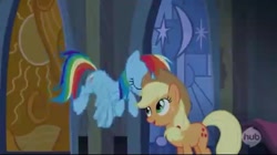 Size: 960x537 | Tagged: safe, derpibooru import, screencap, applejack, rainbow dash, earth pony, pegasus, pony, castle mane-ia, out of context, win