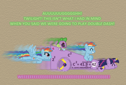 Size: 504x341 | Tagged: safe, artist:verve, derpibooru import, rainbow dash, spike, twilight sparkle, twilight sparkle (alicorn), alicorn, dragon, pegasus, pony, the cart before the ponies, 42, ask genie twilight, cart, eyes closed, fancy mathematics, female, flying, genie, horn ring, mare, mario kart double dash, math, motion blur, multeity, pun, scar, smiling, transformation, triangle