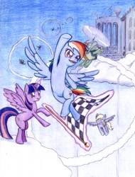 Size: 455x600 | Tagged: safe, artist:j-tib, derpy hooves, rainbow dash, tank, twilight sparkle, twilight sparkle (alicorn), alicorn, pegasus, pony, cloudsdale, female, flag, flying, mare, race, traditional art