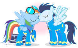 Size: 960x600 | Tagged: safe, artist:dm29, rainbow dash, soarin', pegasus, pony, bag, cute, eyes closed, female, goggles, kissing, male, raised leg, shipping, simple background, soarindash, spread wings, straight, transparent background, wingboner, wonderbolts, wonderbolts uniform