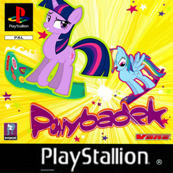 Size: 1700x1700 | Tagged: safe, artist:nickyv917, rainbow dash, twilight sparkle, pegasus, pony, box art, parody, playstation, psybadek, pun, video game cover