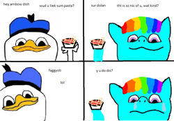 Size: 680x477 | Tagged: safe, rainbow dash, pegasus, pony, arnbow dah, comic, dolan, stylistic suck, vulgar