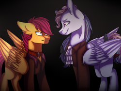 Size: 1400x1050 | Tagged: safe, artist:koffeemilk, derpibooru import, rainbow dash, scootaloo, pegasus, pony, albert de morcef, clothes, edmond dantes, rainbow dantes, scootabert, the count of monte cristo, the count of monte rainbow, who are you count?