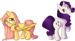 Size: 900x491 | Tagged: safe, artist:widdlez, fluttershy, rarity, pegasus, pony, unicorn, duo, female, glasses, looking at you, looking back, looking back at you, mare, raised hoof, simple background, smiling, standing, three quarter view, transparent background, wings