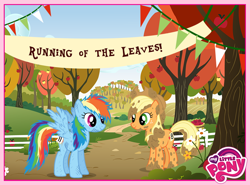 Size: 850x628 | Tagged: safe, derpibooru import, applejack, rainbow dash, earth pony, pegasus, pony, apple, banner, facebook, fence, logo, messy, messy mane, mud, my little pony logo, official, running of the leaves, text, tree