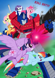 Size: 2001x2850 | Tagged: safe, artist:edcom02, artist:krynos79, derpibooru import, applejack, fluttershy, pinkie pie, rainbow dash, rarity, twilight sparkle, twilight sparkle (alicorn), alicorn, earth pony, pegasus, pony, robot, unicorn, autobot, crossover, mane six, optimus prime, transformers