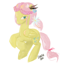 Size: 1034x1092 | Tagged: safe, artist:1eg, fluttershy, pegasus, pony, alternate hairstyle, braid, female, flower, flower in hair, folded wings, looking at you, mare, rearing, simple background, solo, three quarter view, twin braids, white background, wings