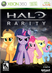 Size: 879x1242 | Tagged: safe, artist:nickyv917, derpibooru import, applejack, fluttershy, pinkie pie, rainbow dash, twilight sparkle, earth pony, pegasus, pony, cover, halo (series), lighting, parody, spaceship, xbox 360