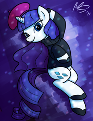 Size: 743x962 | Tagged: safe, artist:megasweet, artist:rustydooks, rarity, pony, unicorn, beatnik rarity, beret, clothes, colored, hat, solo, sweater