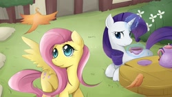 Size: 1024x576 | Tagged: safe, artist:jinzhan, fluttershy, rarity, bird, pegasus, pony, unicorn, magic, tea