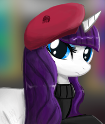 Size: 455x540 | Tagged: safe, artist:shroudofshadows, rarity, pony, unicorn, beatnik rarity, beret, clothes, hat, sweater