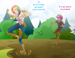 Size: 2786x2153 | Tagged: safe, artist:shinta-girl, derpibooru import, rainbow dash, scootaloo, human, barefoot, cute, dirty feet, feet, female, humanized, mud, scootalove, spanish, translated in the comments