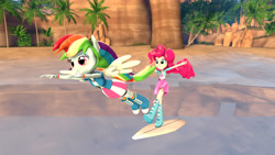 Size: 7680x4320 | Tagged: safe, artist:syncedsart, derpibooru import, pinkie pie, rainbow dash, equestria girls, 3d, absurd resolution, balloon, boots, bracelet, clothes, compression shorts, flying, high heel boots, jewelry, ponied up, pony ears, ponytail, raised leg, rock, skirt, socks, source filmmaker, surfboard, tail hold, tree, water, wings, wristband