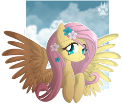 Size: 1068x916 | Tagged: safe, artist:nabbiekitty, fluttershy, pegasus, pony, bust, cloud, flower, flower in hair, meghan trainor, paws, sky, solo, spread wings