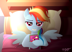 Size: 1952x1403 | Tagged: safe, artist:pedrohander, derpibooru import, rainbow dash, pegasus, pony, bed, bedroom eyes, lip bite, phone, solo, spread wings, story included, wings