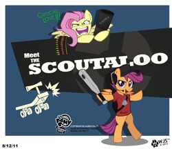 Size: 1031x889 | Tagged: safe, artist:wolfjedisamuel, fluttershy, scootaloo, pegasus, pony, baseball bat, bipedal, duo, flutterrage, heavy weapons guy, heavyshy, meet the scout, minigun, scooter, scout, scoutaloo, team fortress 2, you're going to love me
