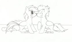 Size: 800x466 | Tagged: safe, artist:frozengalaxy, rainbow dash, soarin', pegasus, pony, blushing, female, male, monochrome, shipping, sketch, soarindash, straight, traditional art