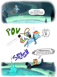 Size: 650x877 | Tagged: safe, artist:foudubulbe, rainbow dash, scootaloo, pegasus, pony, cannon, cave, cave pool, chain shot, comic, dashabuse, evil laugh, male, mirror pool, pow, scootobsession, trap