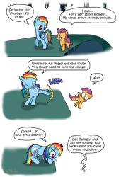 Size: 500x731 | Tagged: safe, artist:foudubulbe, rainbow dash, scootaloo, pegasus, pony, bad end, clone, comic, kick, mirror pool, rainbow dumb, scootaloo can't fly, this ended in pain, this will end in death, this will end in tears, this will end in tears and/or death