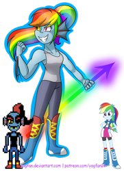 Size: 1024x1418 | Tagged: safe, artist:yogfan, derpibooru import, rainbow dash, equestria girls, boots, bracelet, clothes, compression shorts, fusion, hand on hip, jewelry, ponytail, rainbowdyne, skirt, socks, solo, undertale, undyne, wristband