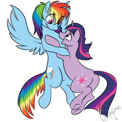 Size: 1000x1000 | Tagged: safe, artist:calicopikachu, rainbow dash, twilight sparkle, pegasus, pony, female, flying, hug, lesbian, shipping, twidash, underhoof