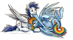 Size: 858x471 | Tagged: safe, artist:kenket, rainbow dash, soarin', pegasus, pony, female, hoofbump, large wings, male, messy mane, on back, prone, shipping, soarindash, spread wings, straight, tongue out, underhoof