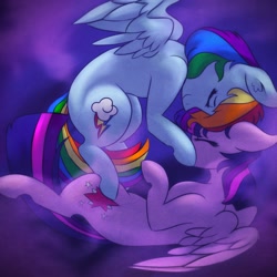 Size: 2048x2048 | Tagged: safe, artist:mylittlelevi64, derpibooru import, rainbow dash, twilight sparkle, twilight sparkle (alicorn), alicorn, pegasus, pony, ear fluff, eyes closed, female, flying, lesbian, night, nuzzling, shipping, twidash