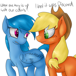 Size: 4000x4000 | Tagged: safe, artist:lisa400, derpibooru import, applejack, discord, rainbow dash, earth pony, pegasus, pony, dialogue