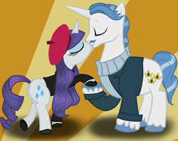 Size: 4420x3500 | Tagged: safe, artist:annedwen, fancypants, rarity, pony, unicorn, beatnik rarity, beret, clothes, female, hat, kissing, male, raripants, shipping, straight, sweater