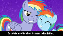 Size: 937x540 | Tagged: safe, artist:mlp-silver-quill, rainbow blaze, rainbow dash, pegasus, pony, cute, daddy's girl, daddy's little girl, dashabetes, duo, filly, flapping, headcanon, nuzzling, snuggling, text, younger