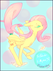 Size: 600x807 | Tagged: safe, artist:mujinai, fluttershy, pegasus, pony, abstract background, eyelashes, eyes closed, female, floppy ears, mare, raised hoof, smiling, solo, spread wings, wings