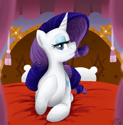 Size: 1176x1197 | Tagged: safe, artist:kudalyn, rarity, pony, unicorn, bed, female, mare, purple mane, solo, white coat