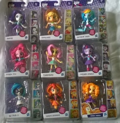 Size: 881x900 | Tagged: safe, derpibooru exclusive, derpibooru import, adagio dazzle, applejack, dj pon-3, fluttershy, pinkie pie, rainbow dash, rarity, sunset shimmer, twilight sparkle, vinyl scratch, equestria girls, clothes, collection, doll, equestria girls minis, irl, mane six, official, photo, skirt, toy