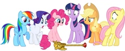 Size: 1024x419 | Tagged: safe, derpibooru import, applejack, fluttershy, pinkie pie, rainbow dash, rarity, twilight sparkle, earth pony, pegasus, pony, unicorn, baffled, do not want, happy, mane six, reaction, shocked, twilight scepter, varying degrees of want