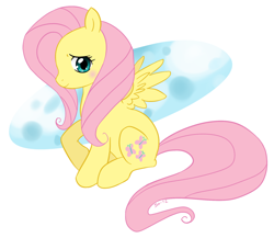 Size: 1280x1111 | Tagged: safe, artist:bubble89, fluttershy, pegasus, pony, abstract background, blushing, female, looking at you, mare, profile, raised hoof, sitting, smiling, solo, spread wings, three quarter view, wings