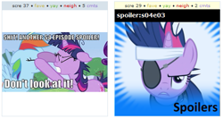 Size: 529x281 | Tagged: safe, derpibooru import, rainbow dash, twilight sparkle, pegasus, pony, derpibooru, exploitable meme, juxtaposition, juxtaposition win, meme, meta, spoiler image, vulgar