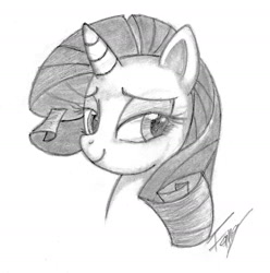 Size: 1579x1590 | Tagged: dead source, safe, artist:bronyfang, rarity, pony, unicorn, bust, grayscale, monochrome, portrait, solo