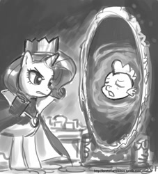 Size: 909x1000 | Tagged: safe, artist:johnjoseco, rarity, spike, dragon, pony, unicorn, clothes, crossover, crown, disney, duo, grayscale, grimhilde, mirror, monochrome, snow white, snow white and the seven dwarfs