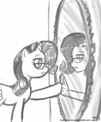 Size: 833x1000 | Tagged: safe, artist:johnjoseco, rarity, human, pony, glasses, grayscale, human ponidox, humanized, mirror, monochrome