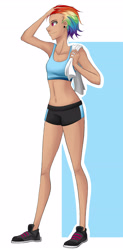 Size: 2590x5256 | Tagged: safe, artist:tao-mell, rainbow dash, human, belly button, clothes, humanized, midriff, short hair, shorts, solo, sports bra