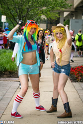 Size: 1365x2048 | Tagged: safe, derpibooru import, applejack, rainbow dash, human, anime central, anime central 2013, belly button, clothes, convention, cosplay, fingerless gloves, front knot midriff, gloves, irl, irl human, midriff, photo, shorts